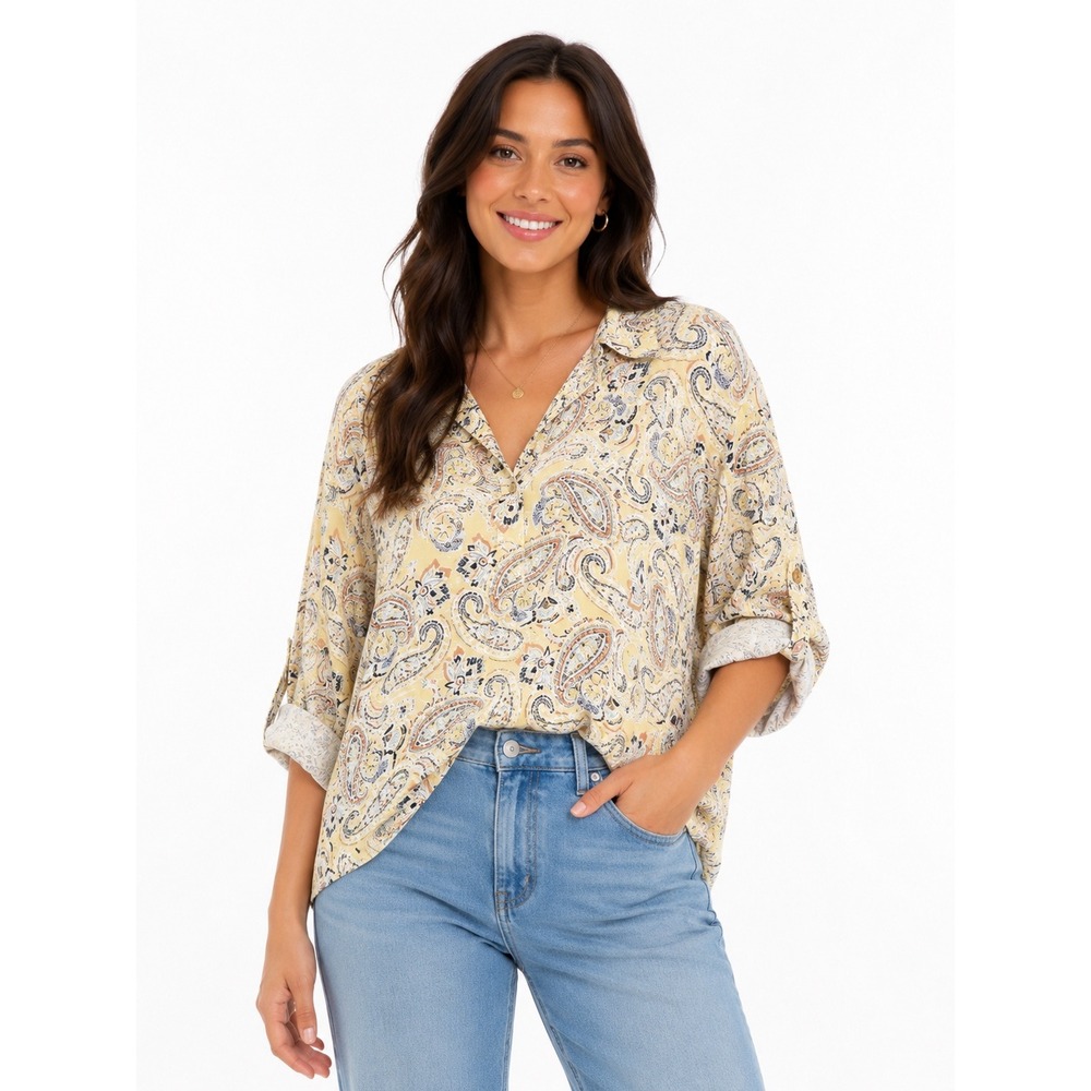 J. Jill 2X Yellow Paisley Button Front Roll Tab Sleeve Cotton Rayon Blouse